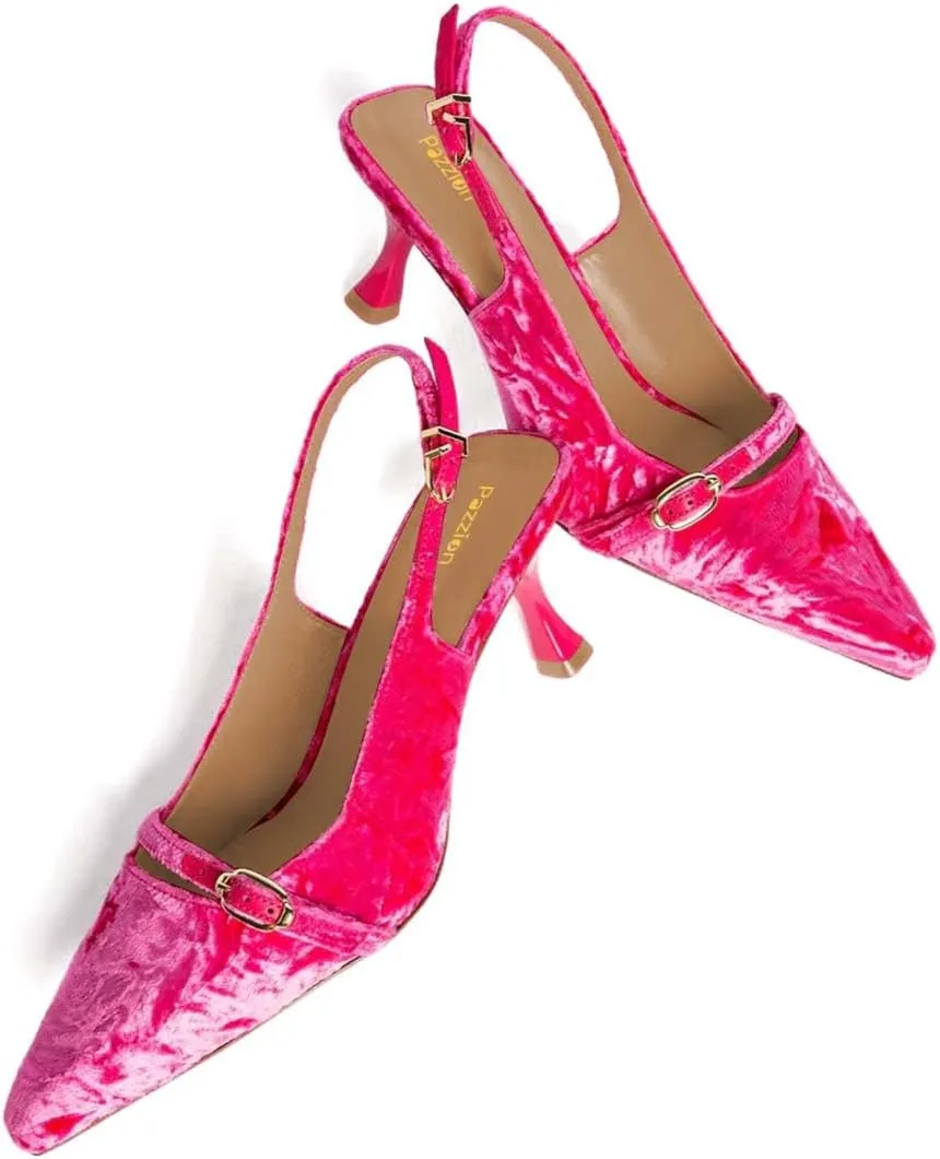 Pazzion Women's Pointed Closed Toe Slingback Pumps Mid Kitten Heel Ankle Strap Buckled Sandals Comfy Daily Prom Event Shoes Size 4-16 US