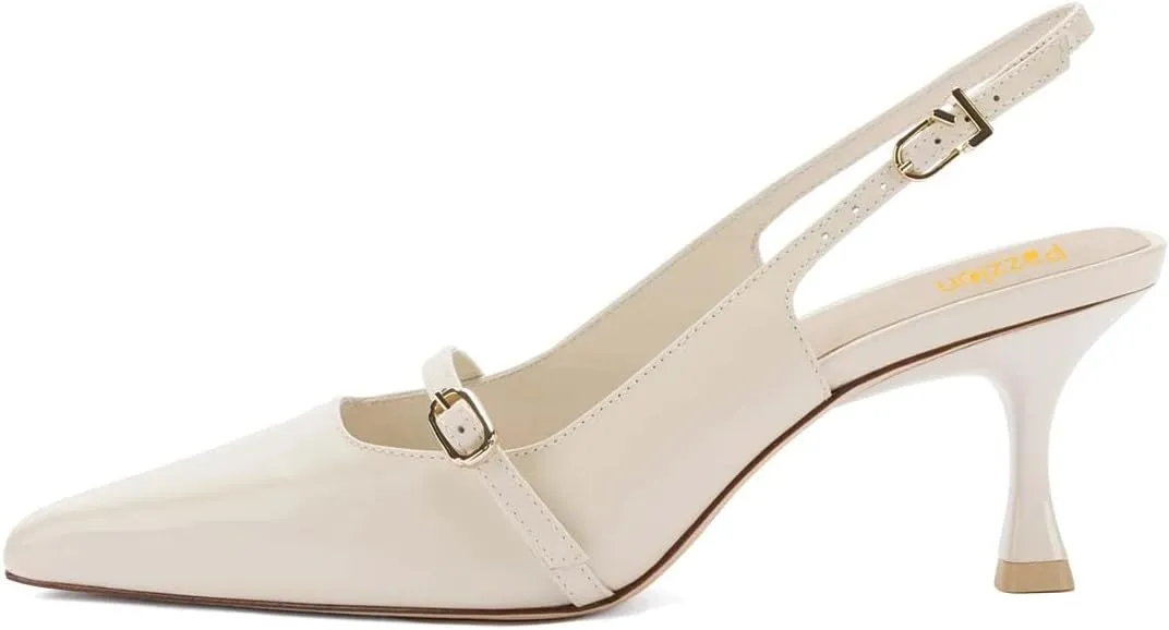 Pazzion Women's Pointed Closed Toe Slingback Pumps Mid Kitten Heel Ankle Strap Buckled Sandals Comfy Daily Prom Event Shoes Size 4-16 US