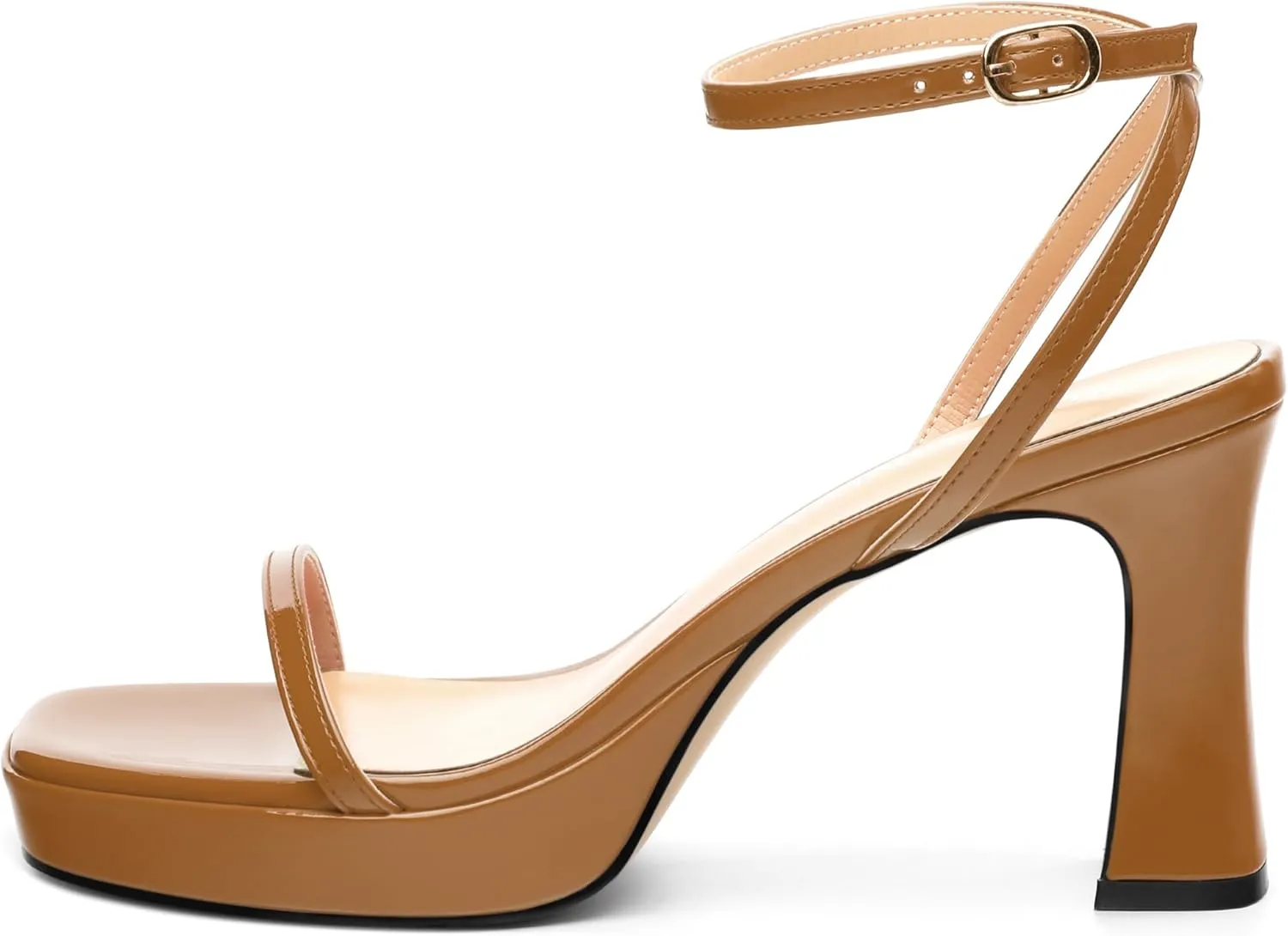 Platform Chunky Block High Heels for Women Patent Square Open Toe Ankle Strap Buckle Heeled Sandals Fashion Wedding Party Prom Evening Dress Shoes