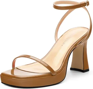 Platform Chunky Block High Heels for Women Patent Square Open Toe Ankle Strap Buckle Heeled Sandals Fashion Wedding Party Prom Evening Dress Shoes