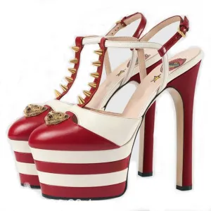 Platform Chunky High Heels Sandals Closed Round Toe Ankle T-Strap Pumps Slingback 16Cm Heels Fashion Studded Rivet Show Party Wedding Dress Shoes,Red,6.5