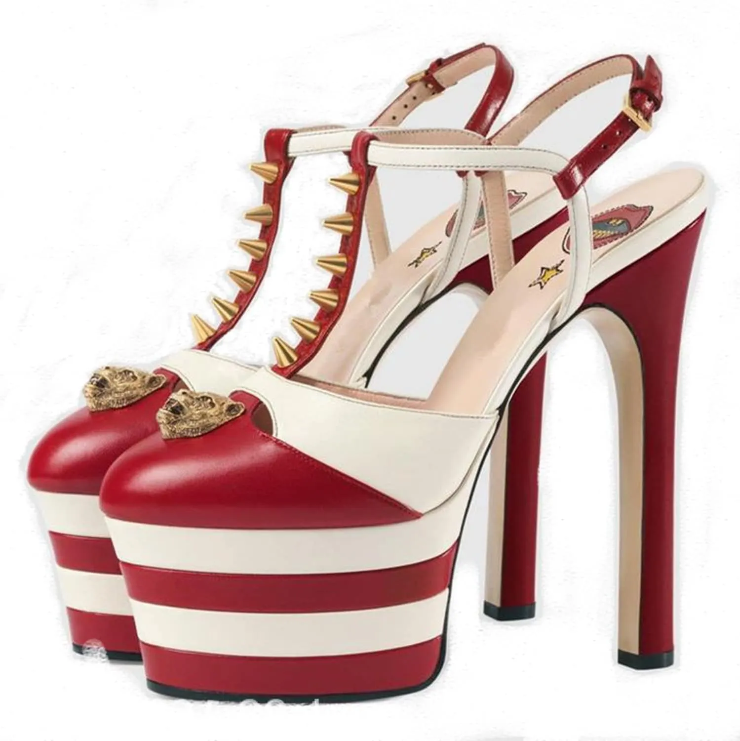 Platform Chunky High Heels Sandals Closed Round Toe Ankle T-Strap Pumps Slingback 16Cm Heels Fashion Studded Rivet Show Party Wedding Dress Shoes,Red,6.5