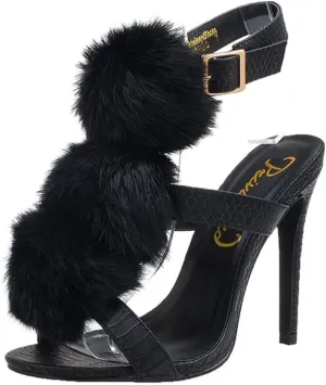 Privileged Madrillo Black Vegan Leather High Single Sole Statement Fur Sandals (5.5)