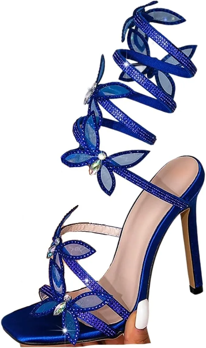 Rhinestone Butterfly Heels for Women Sparkly Sandals Ankle Wrap Up Strappy Shoes Square Toe Shiny High Heels for Prom