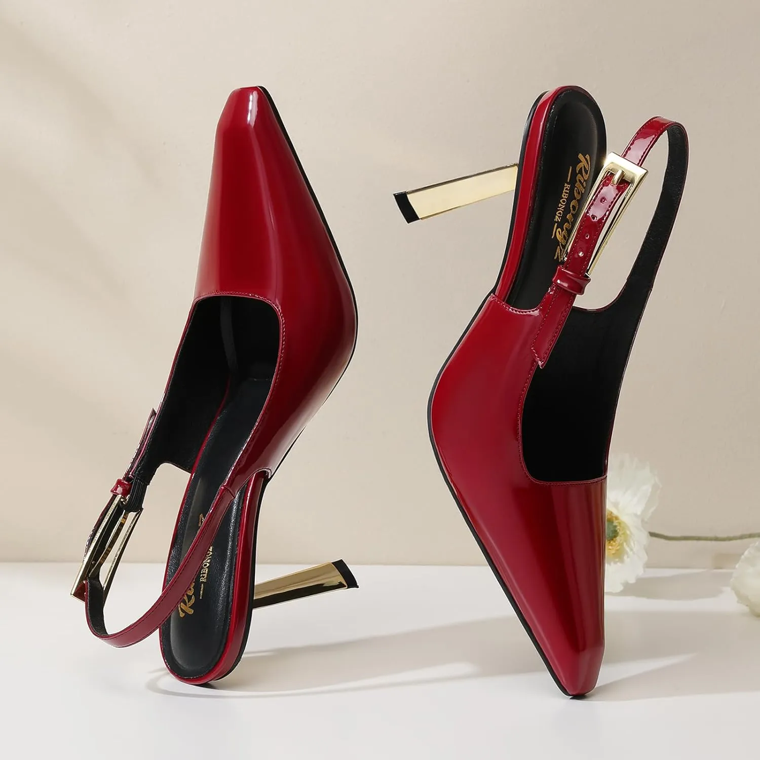 RIBONGZ Slingback Heels for Women Closed Pointed Toe Stiletto High Heels Dress Sexy Pumps Heeled Wedding Bride Prom Party Evening Dressy Shoes