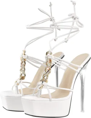 richealnini Sexy Square Toe Clear Heels Stilettos Sandals with Rhinestones and Platform Lace Up High Heels