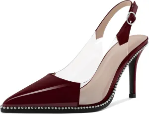 SAMMITOP Slingback Heels for Women Pointed Toe Stiletto High Heel Clear Pumps Silver Beaded Slip On Party Prom Dress Shoes 3.5 Inch