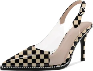 SAMMITOP Slingback Heels for Women Pointed Toe Stiletto High Heel Clear Pumps Silver Beaded Slip On Party Prom Dress Shoes 3.5 Inch