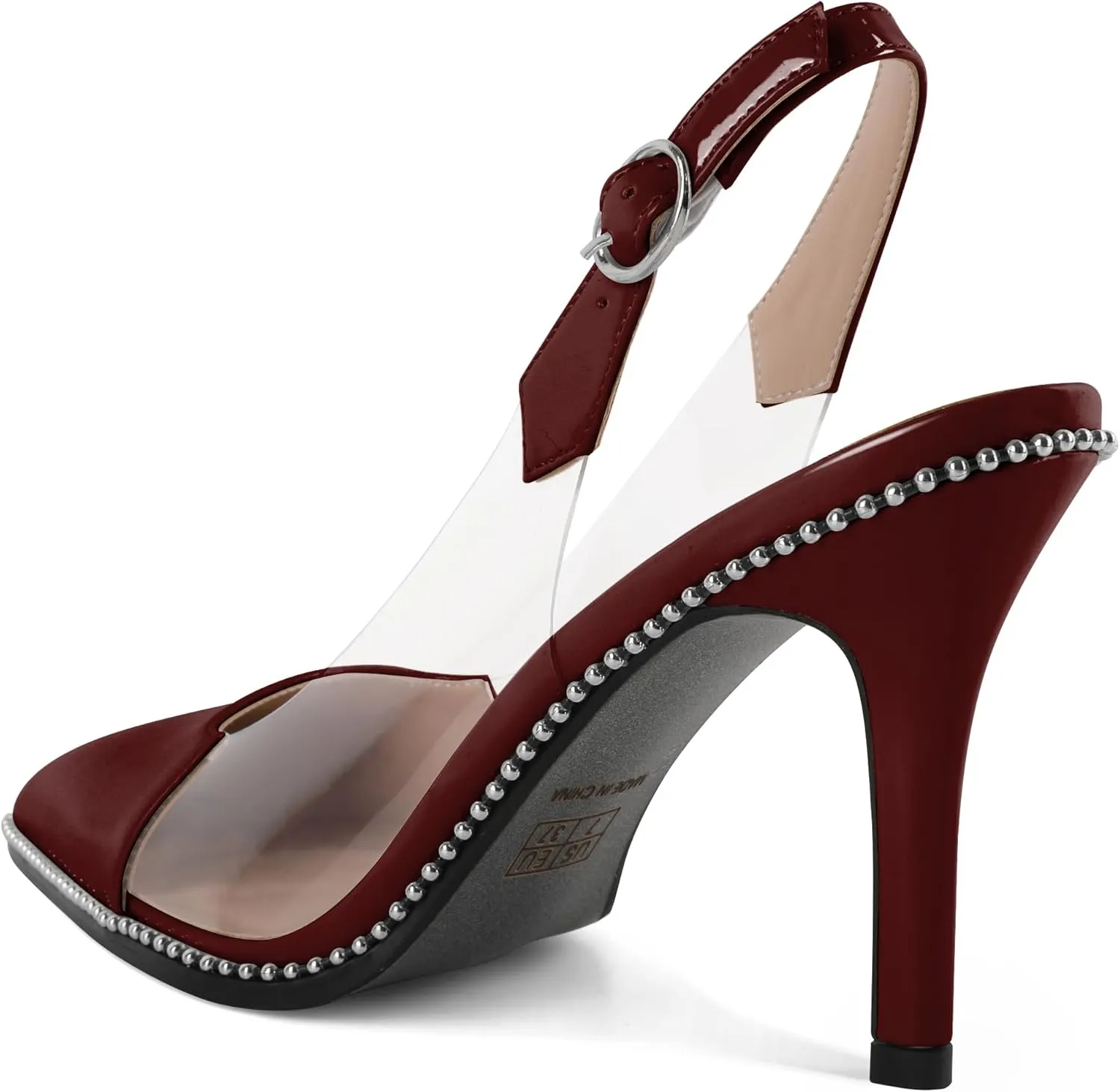 SAMMITOP Slingback Heels for Women Pointed Toe Stiletto High Heel Clear Pumps Silver Beaded Slip On Party Prom Dress Shoes 3.5 Inch