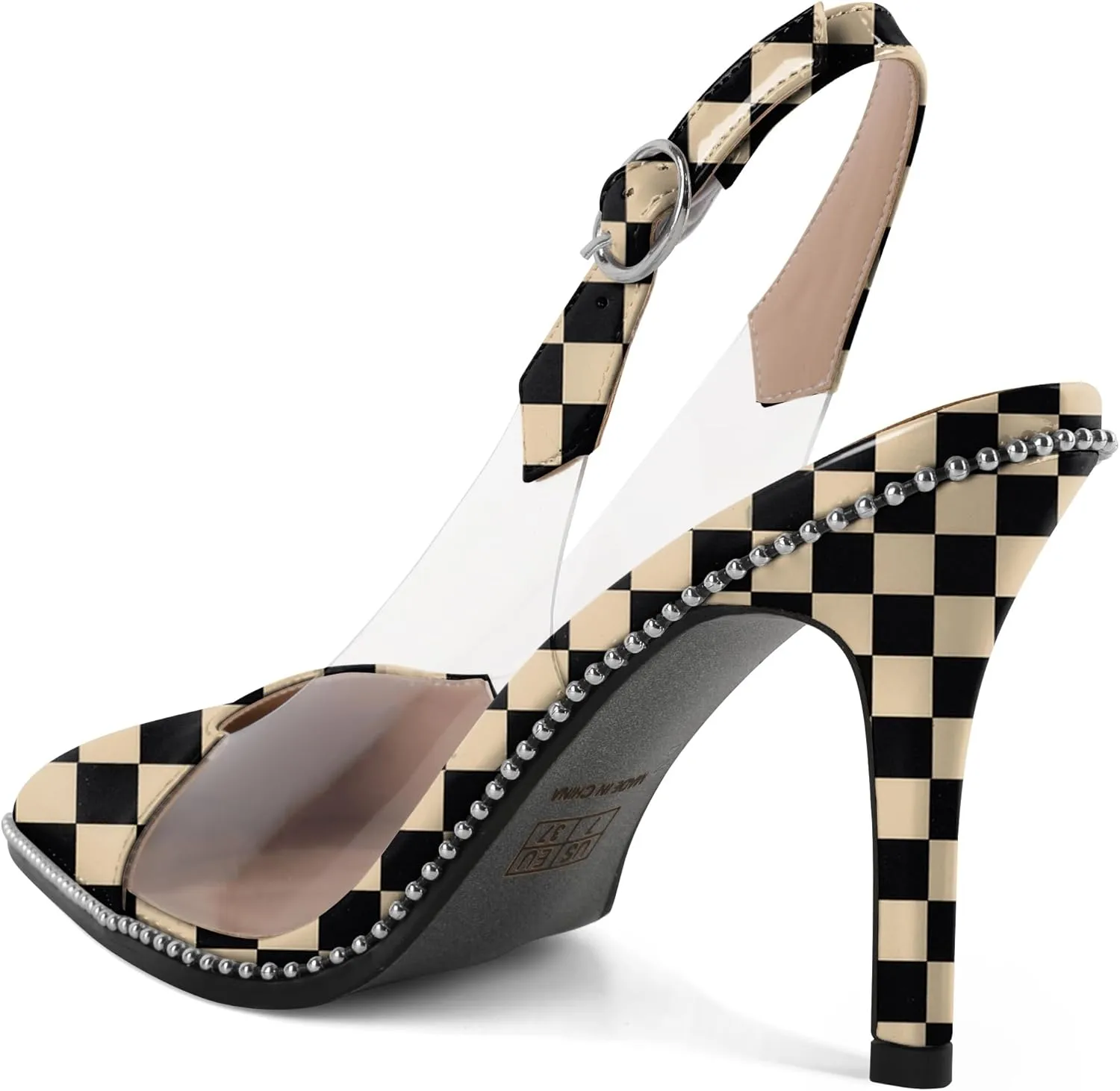 SAMMITOP Slingback Heels for Women Pointed Toe Stiletto High Heel Clear Pumps Silver Beaded Slip On Party Prom Dress Shoes 3.5 Inch