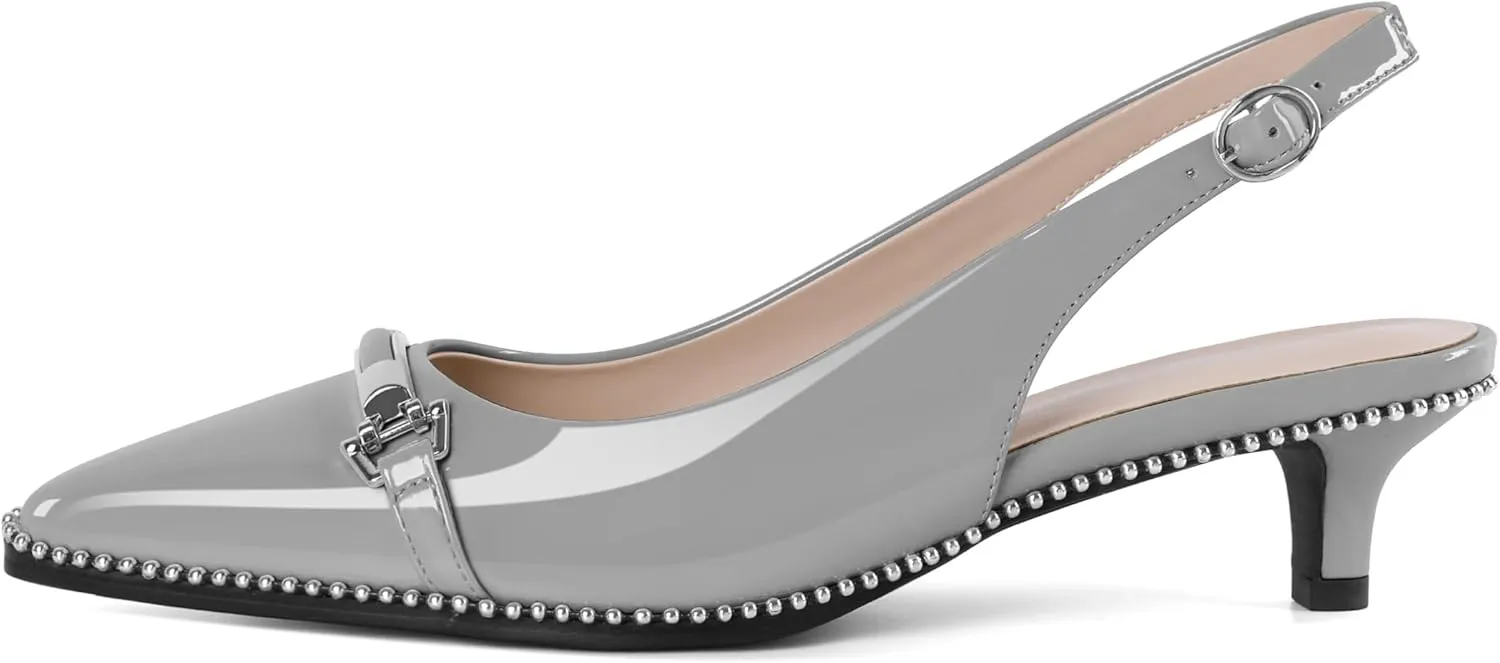SAMMITOP Slingback Kitten Heels Low Heel Beaded Pumps Pointed Toe with Buckle Strap Heeled Sandals Wedding Party Office Dress Shoes 1.6 Inch