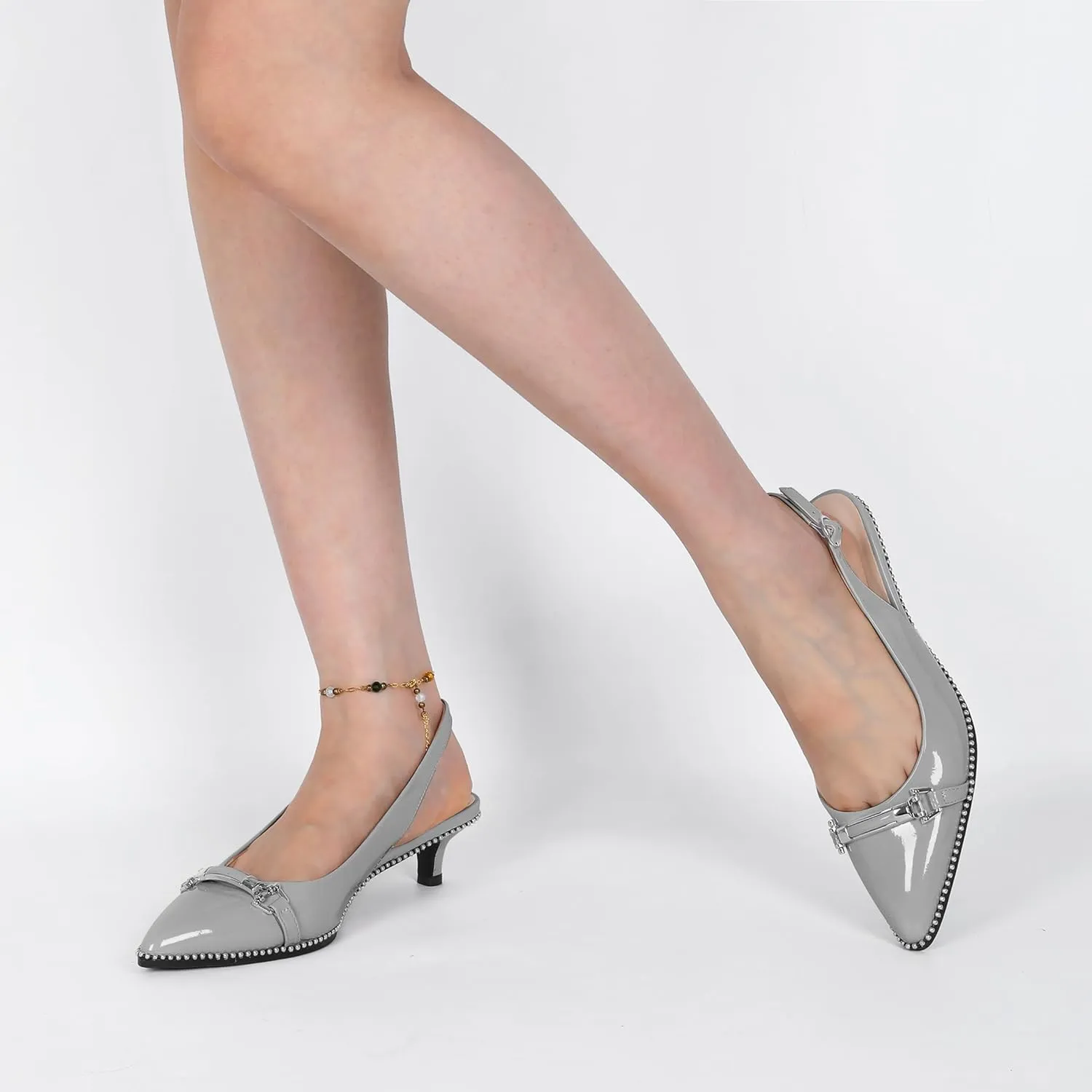 SAMMITOP Slingback Kitten Heels Low Heel Beaded Pumps Pointed Toe with Buckle Strap Heeled Sandals Wedding Party Office Dress Shoes 1.6 Inch