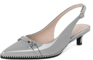 SAMMITOP Slingback Kitten Heels Low Heel Beaded Pumps Pointed Toe with Buckle Strap Heeled Sandals Wedding Party Office Dress Shoes 1.6 Inch