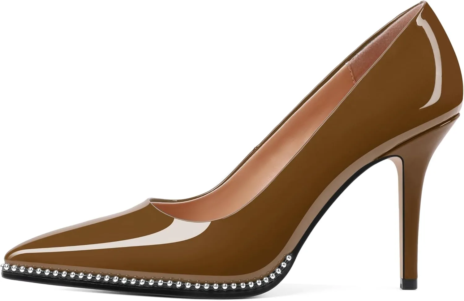 SAMMITOP Women Beaded Pumps Closed Pointed Toe High Heel Slip On Stilettos 3.5 Inch Sexy Heeled Dress Shoes Patent Leather