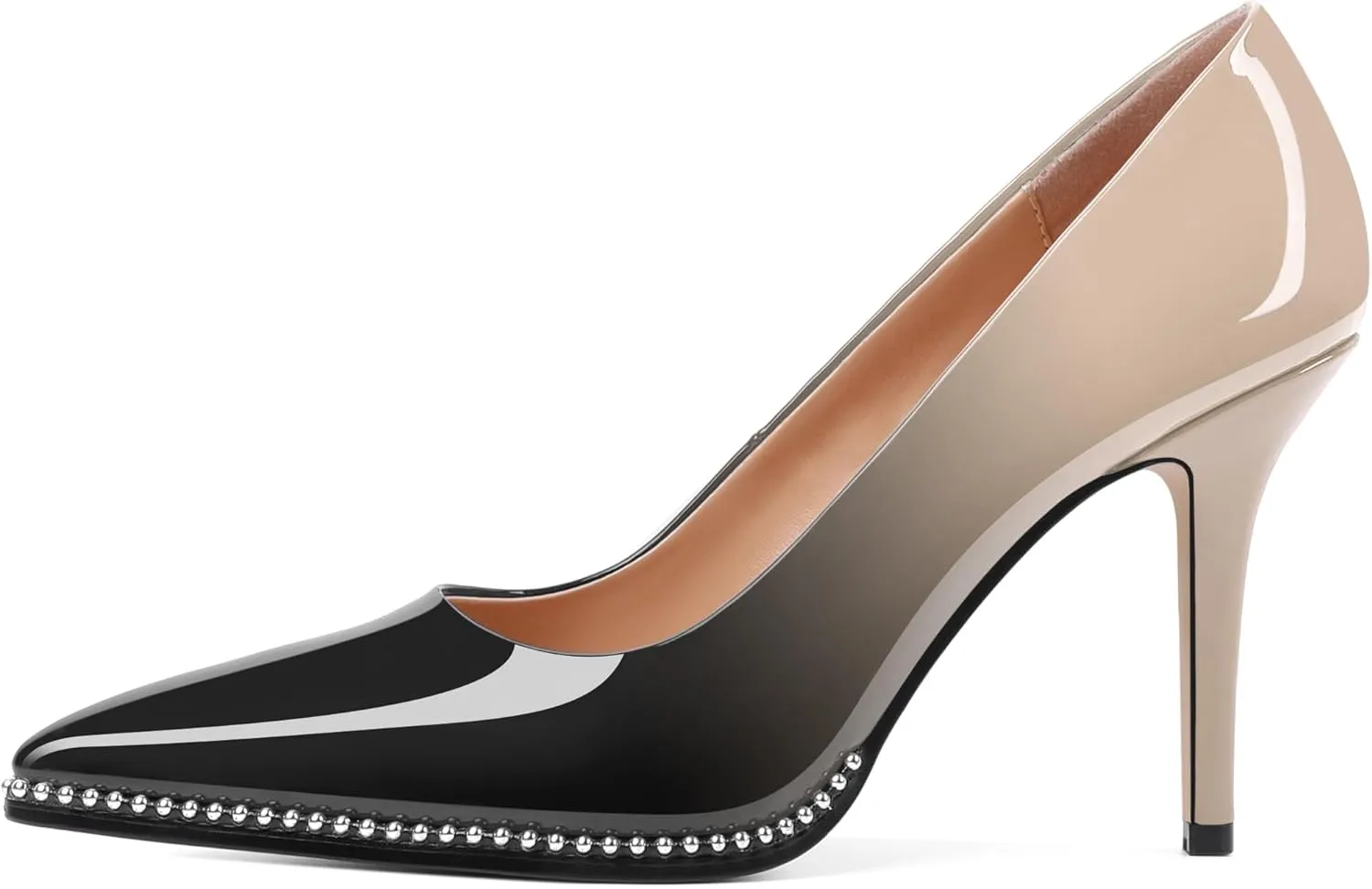 SAMMITOP Women Beaded Pumps Closed Pointed Toe High Heel Slip On Stilettos 3.5 Inch Sexy Heeled Dress Shoes Patent Leather