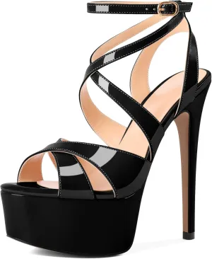 SAMMITOP Women's Strappy Platform Heels Sexy Stiletto High Heel Sandals Open Toe Ankle Strap Buckle Summer Dress Shoes for Wedding Bridal Party 6 Inch