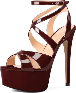 SAMMITOP Women's Strappy Platform Heels Sexy Stiletto High Heel Sandals Open Toe Ankle Strap Buckle Summer Dress Shoes for Wedding Bridal Party 6 Inch