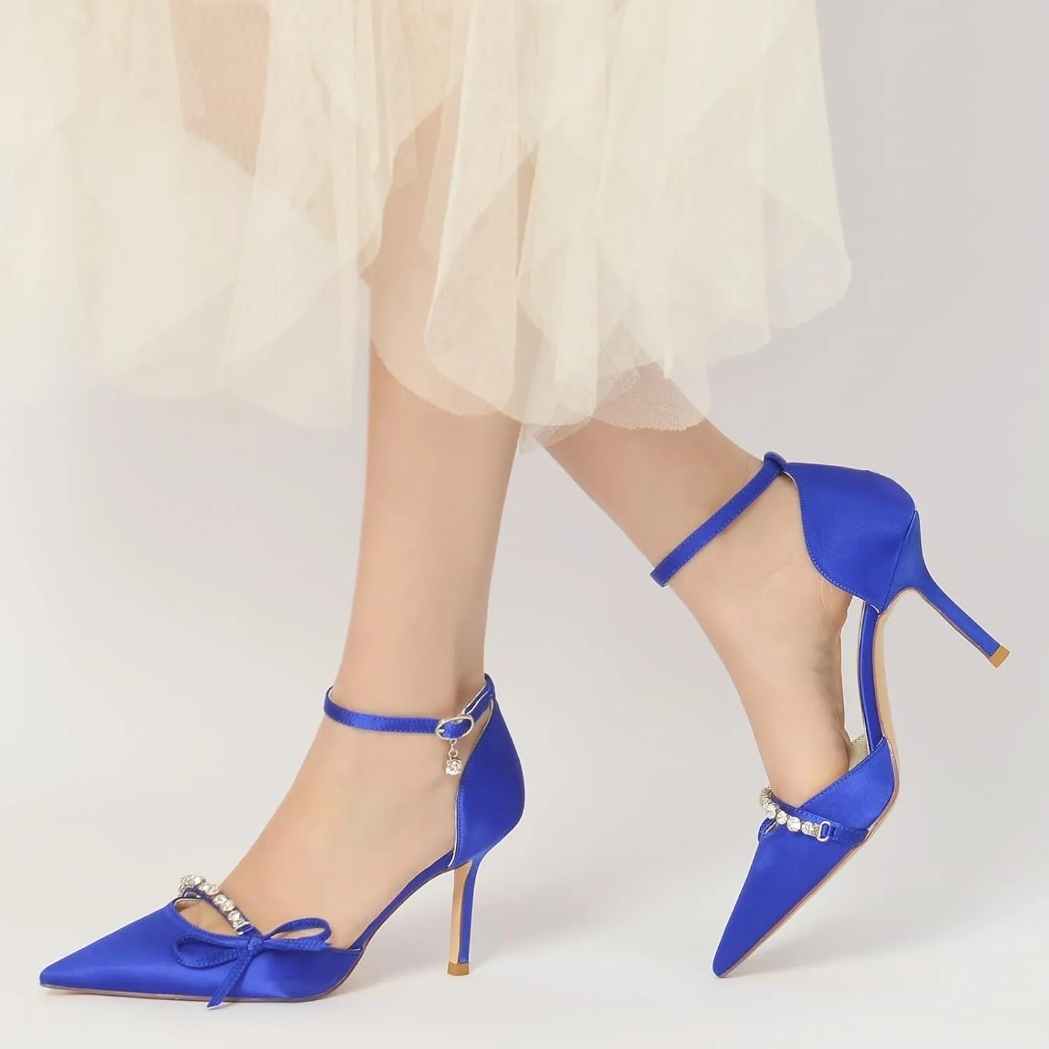 Sangeuhhlk Women's Closed Toe Stiletto High Rhinestone High Heels Wedding Bridal Dress Bow knot Shoes Ankle Strap Mid Heel Stiletto Pumps Party Shoes
