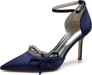 Sangeuhhlk Women's Closed Toe Stiletto High Rhinestone High Heels Wedding Bridal Dress Bow knot Shoes Ankle Strap Mid Heel Stiletto Pumps Party Shoes