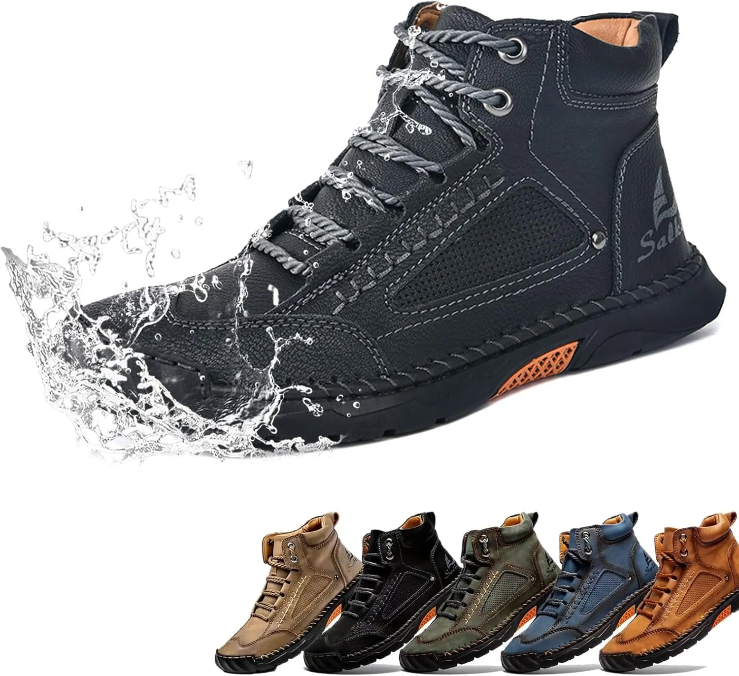 Sawbehind Men's Comfortable Handmade Leather Boots, 2025 New Sawbehind Mens Boots, Wide Toe Box Outdoor Leather Shoes, Waterproof, Arch Support