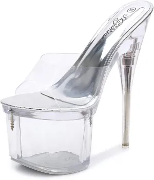 Sexy Transparent Platform Stiletto High Heels for Women Clear Crystal Heel Peep Toe Sandals Slide On Heeled Mule Shoes Catwalk Pole Dancing Nightclub Dress Shoes,White,10.5