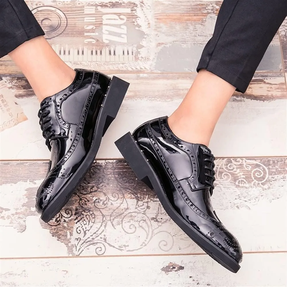 Shoes Dress Oxford for Men Lace Up Brogue Embossed Wing tip Shiny Derby Shoes Vegan Leather Block Heel Anti-Slip Rubber Sole Classic