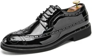 Shoes Dress Oxford for Men Lace Up Brogue Embossed Wing tip Shiny Derby Shoes Vegan Leather Block Heel Anti-Slip Rubber Sole Classic