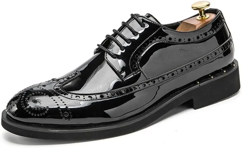 Shoes Dress Oxford for Men Lace Up Brogue Embossed Wing tip Shiny Derby Shoes Vegan Leather Block Heel Anti-Slip Rubber Sole Classic