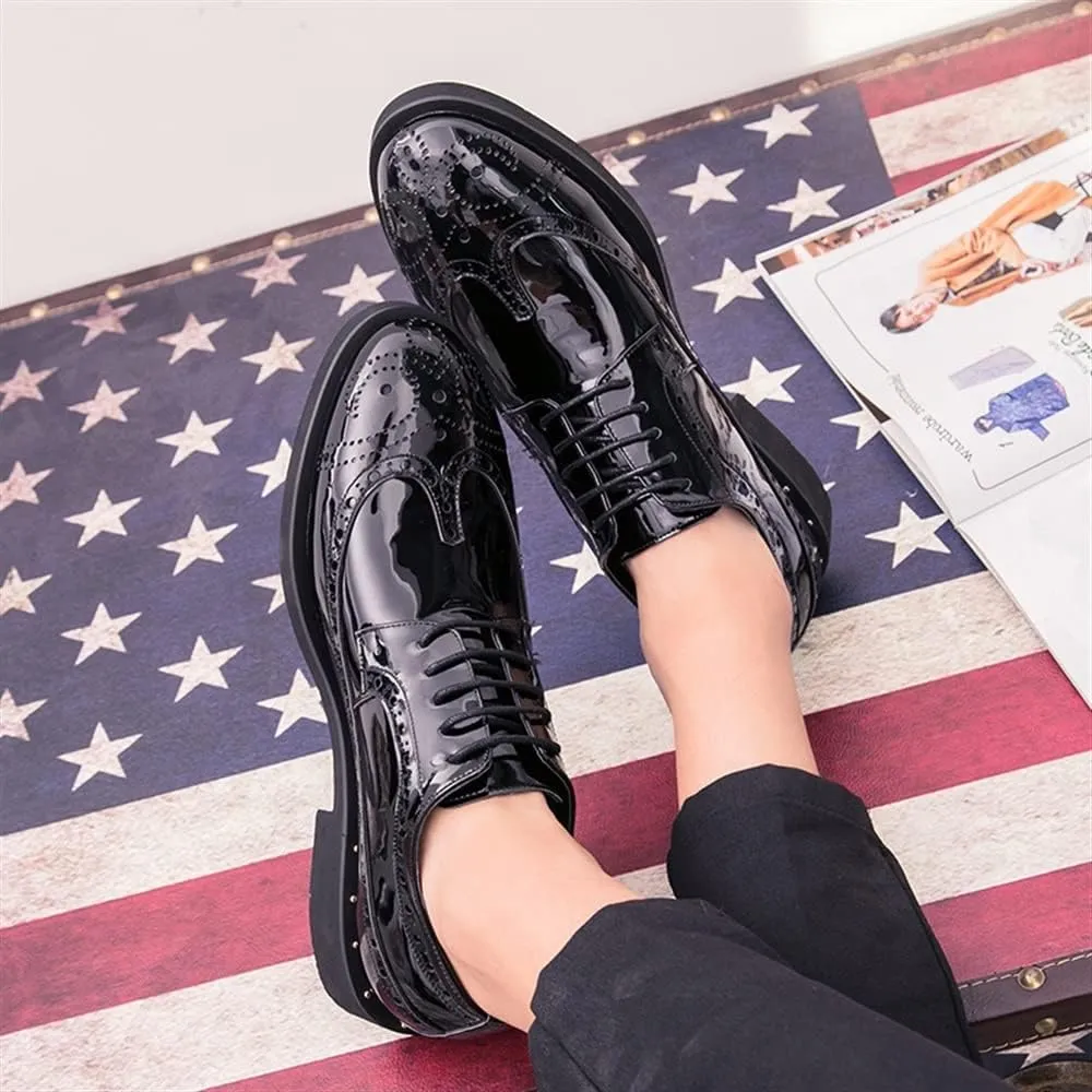 Shoes Dress Oxford for Men Lace Up Brogue Embossed Wing tip Shiny Derby Shoes Vegan Leather Block Heel Anti-Slip Rubber Sole Classic