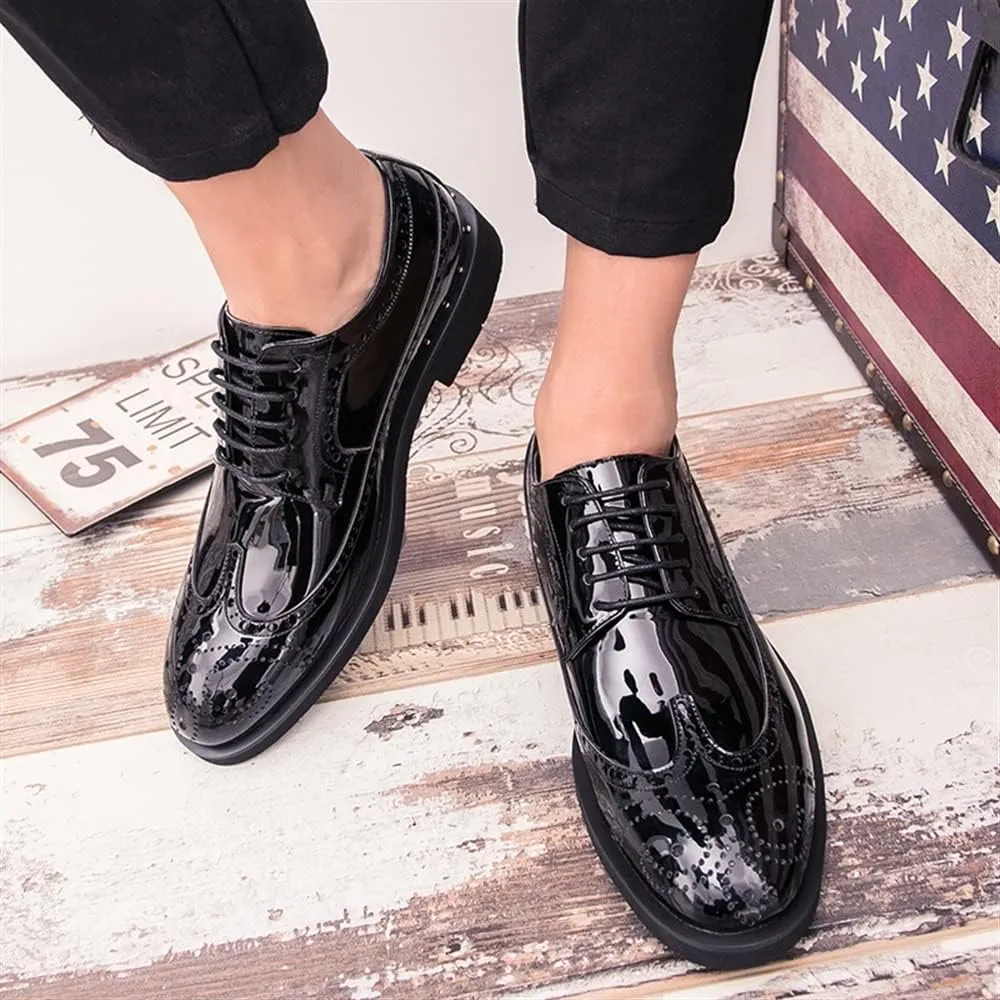 Shoes Dress Oxford for Men Lace Up Brogue Embossed Wing tip Shiny Derby Shoes Vegan Leather Block Heel Anti-Slip Rubber Sole Classic