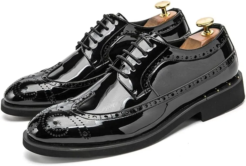 Shoes Dress Oxford for Men Lace Up Brogue Embossed Wing tip Shiny Derby Shoes Vegan Leather Block Heel Anti-Slip Rubber Sole Classic