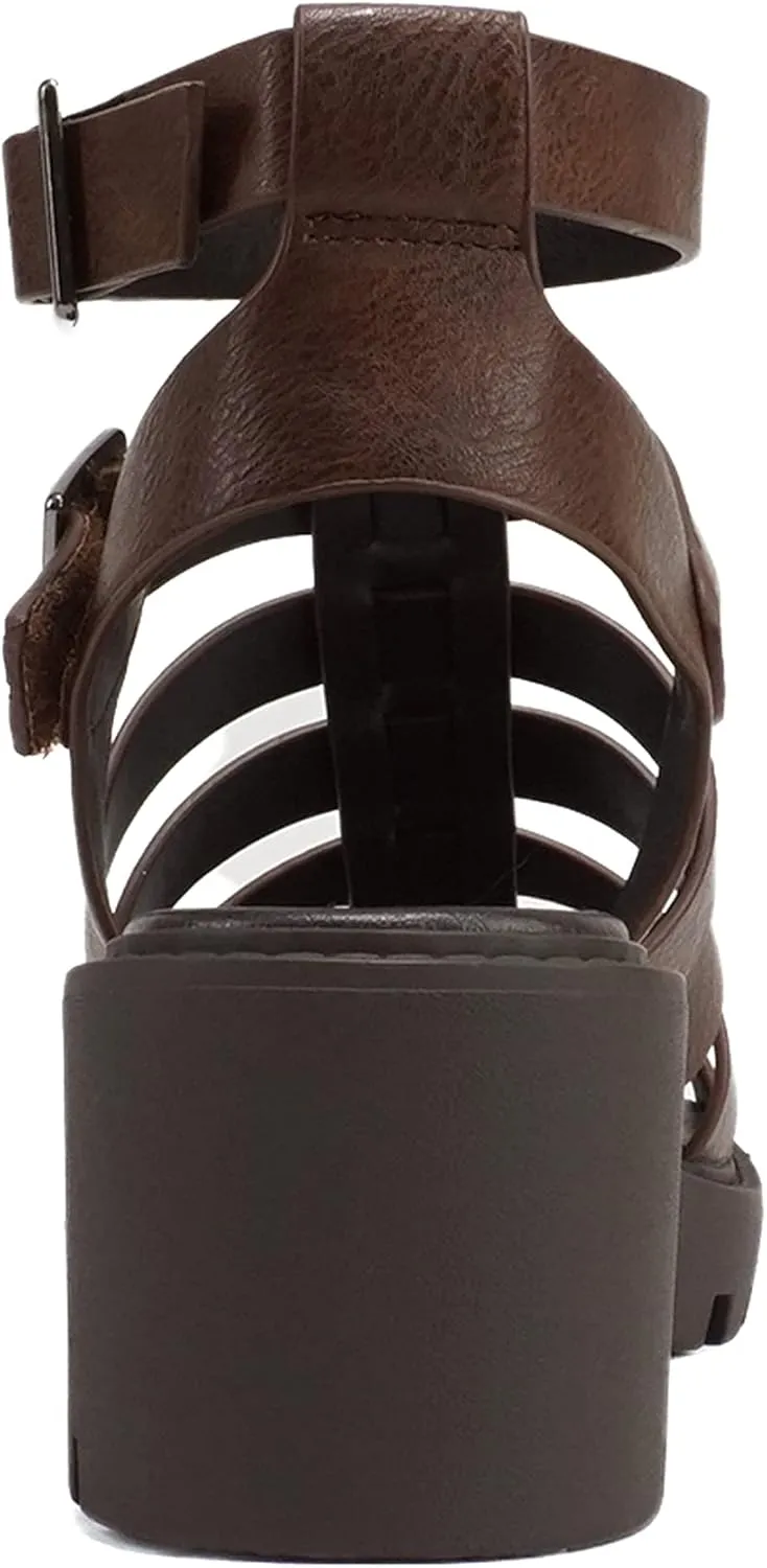 Soda Rebirth ~ Women Open Toe Fisherman Multi Strap Buckle Lug Sole Low Block Heeled Sandals