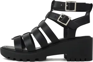 Soda Rebirth ~ Women Open Toe Fisherman Multi Strap Buckle Lug Sole Low Block Heeled Sandals