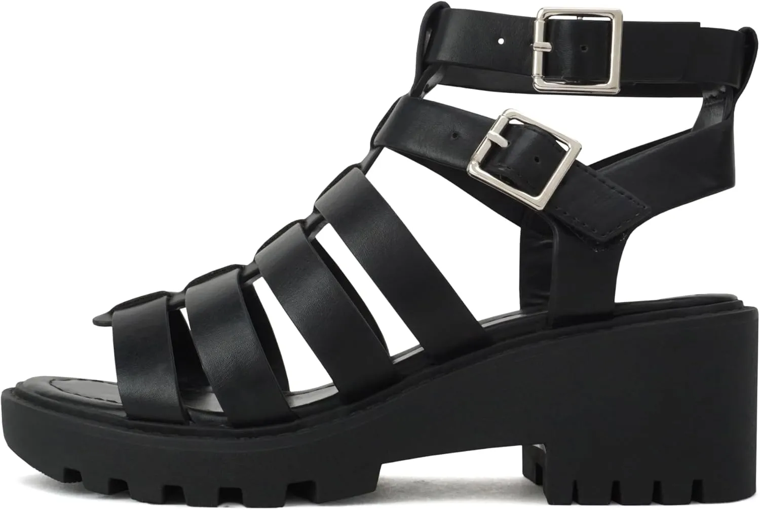 Soda Rebirth ~ Women Open Toe Fisherman Multi Strap Buckle Lug Sole Low Block Heeled Sandals