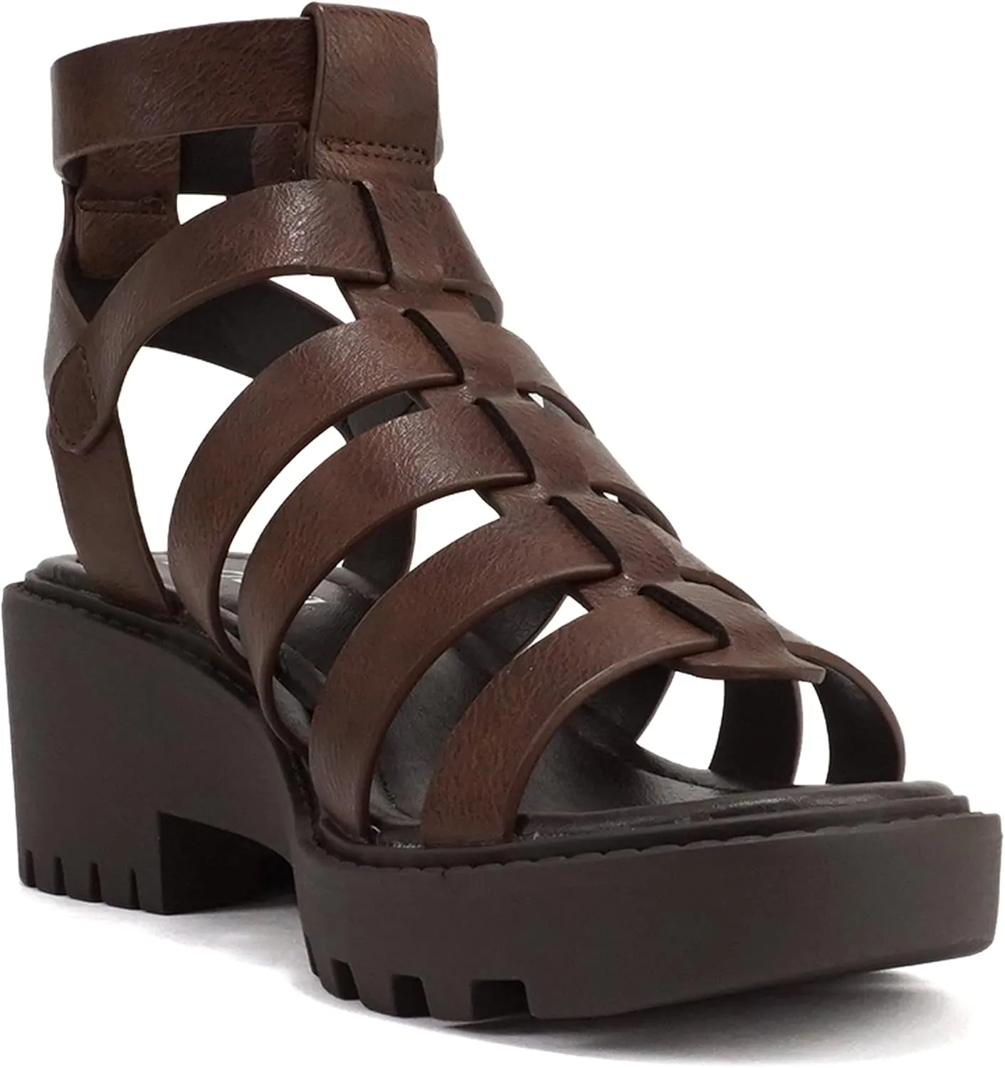 Soda Rebirth ~ Women Open Toe Fisherman Multi Strap Buckle Lug Sole Low Block Heeled Sandals