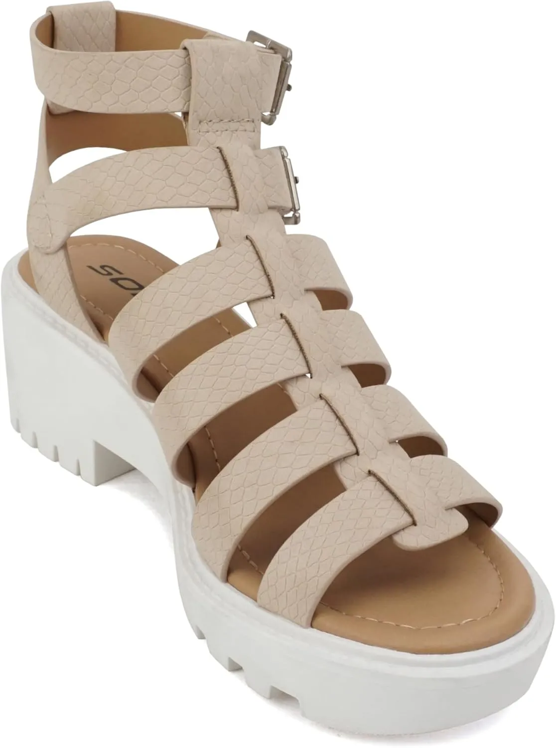 Soda Rebirth ~ Women Open Toe Fisherman Multi Strap Buckle Lug Sole Low Block Heeled Sandals