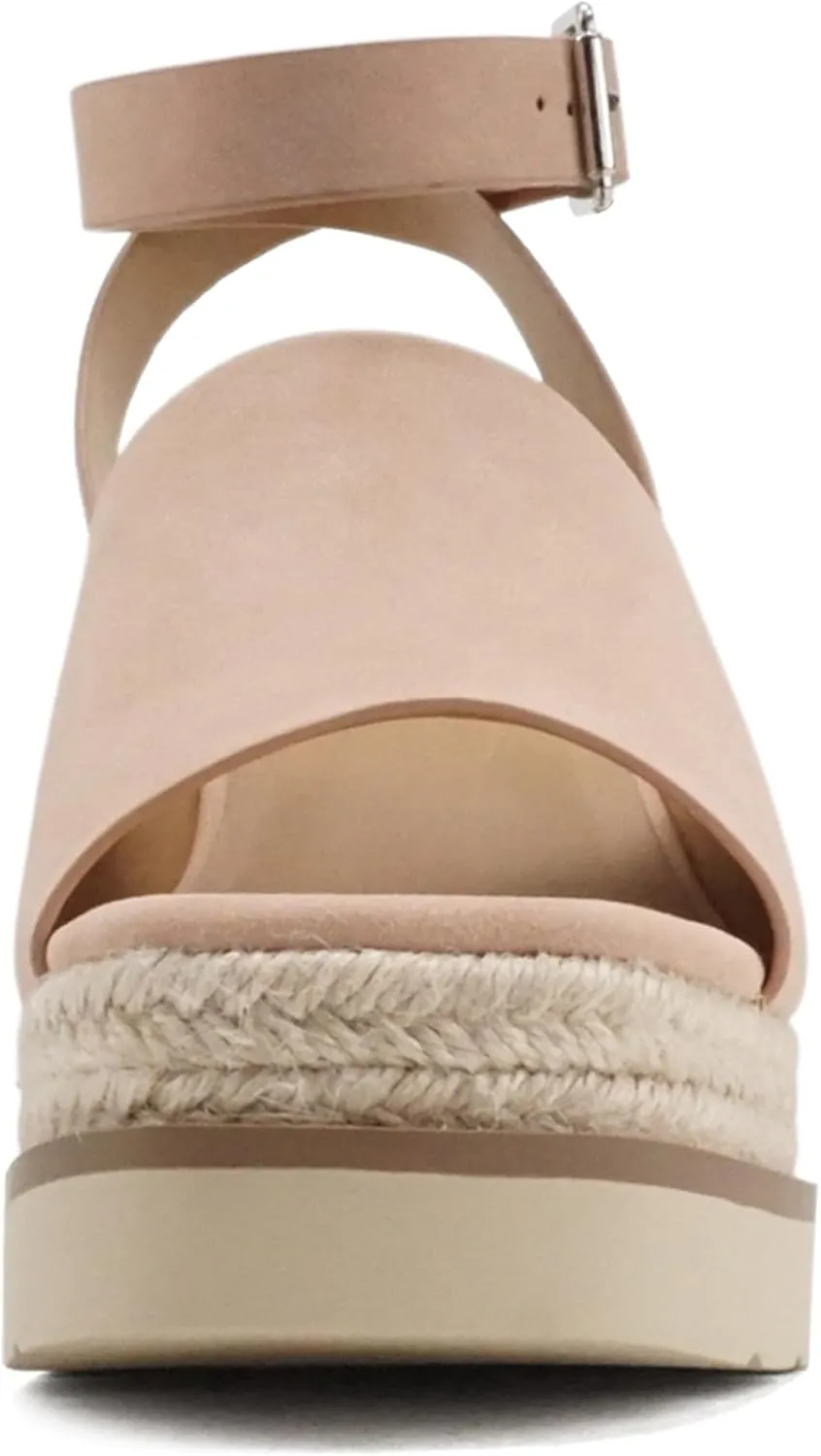 Soda Stella ~ Women Square Peep Toe Single Band Platform Espadrille Wedge Sandals with Adjustable Ankle Strap