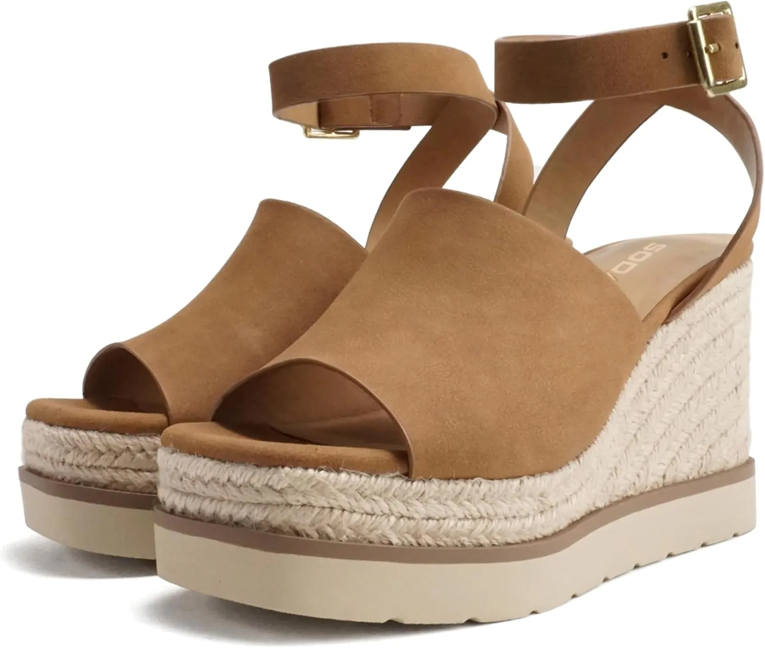 Soda Stella ~ Women Square Peep Toe Single Band Platform Espadrille Wedge Sandals with Adjustable Ankle Strap