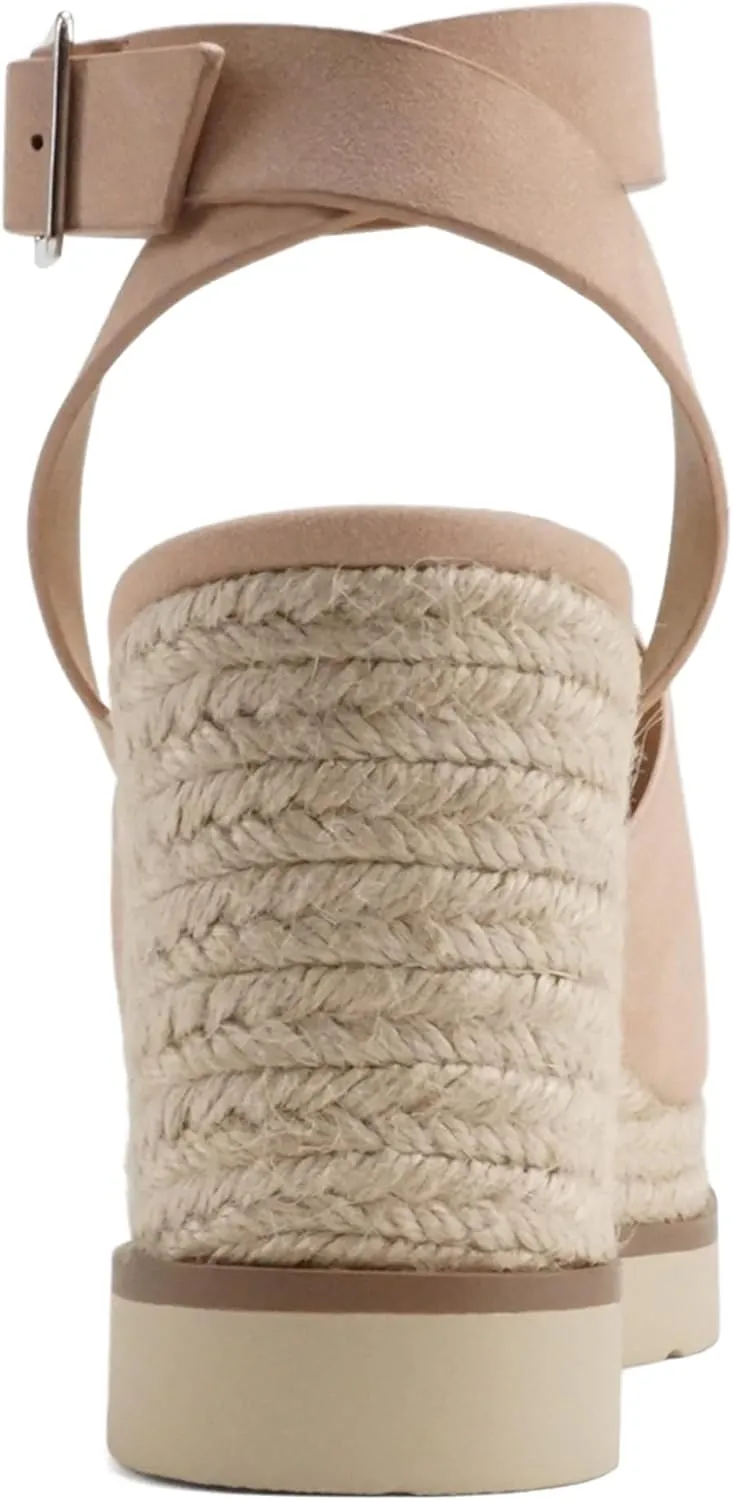 Soda Stella ~ Women Square Peep Toe Single Band Platform Espadrille Wedge Sandals with Adjustable Ankle Strap