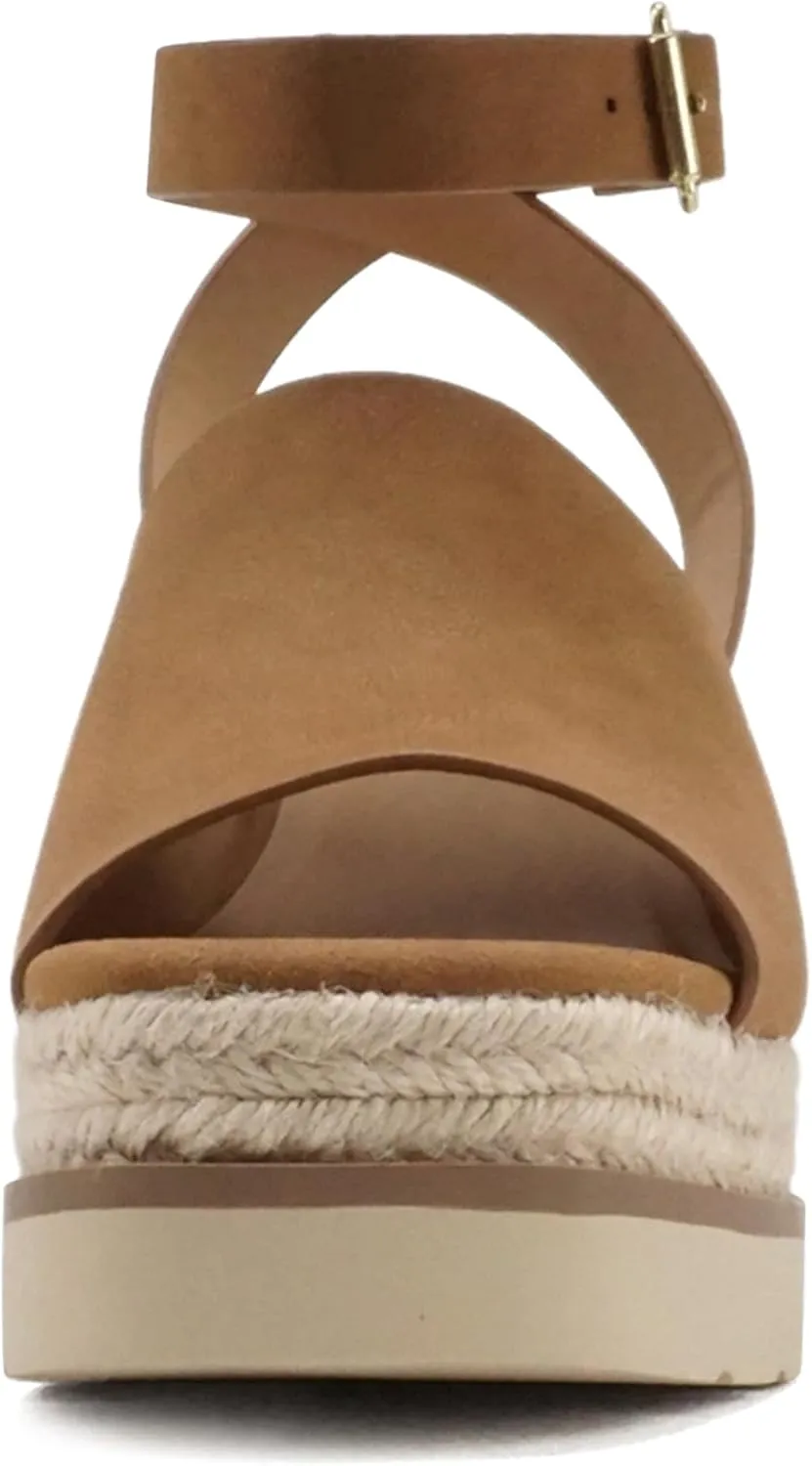 Soda Stella ~ Women Square Peep Toe Single Band Platform Espadrille Wedge Sandals with Adjustable Ankle Strap