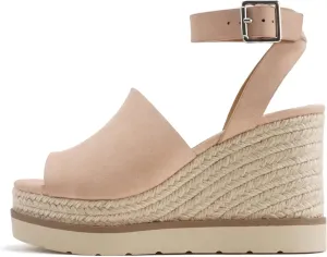 Soda Stella ~ Women Square Peep Toe Single Band Platform Espadrille Wedge Sandals with Adjustable Ankle Strap