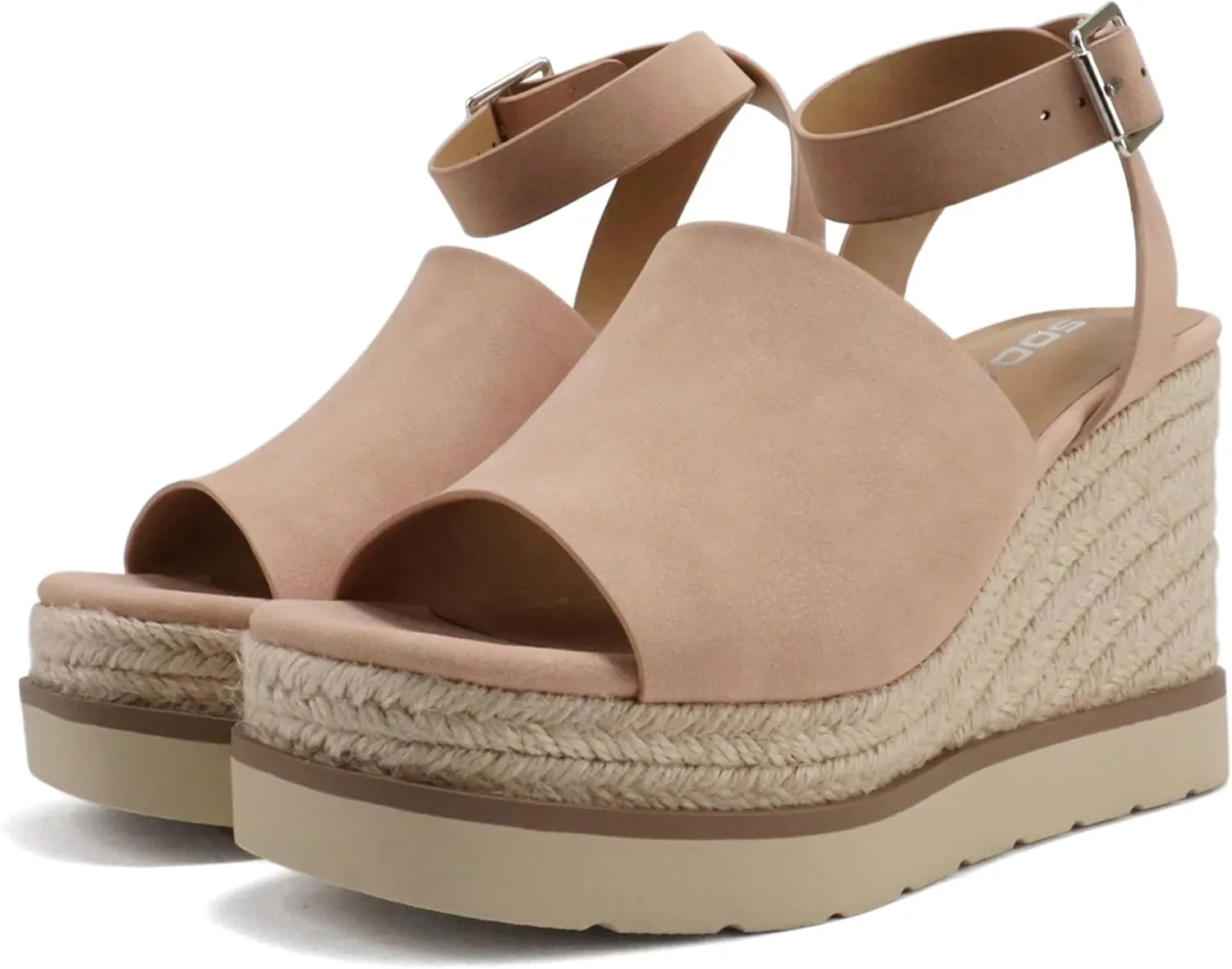 Soda Stella ~ Women Square Peep Toe Single Band Platform Espadrille Wedge Sandals with Adjustable Ankle Strap