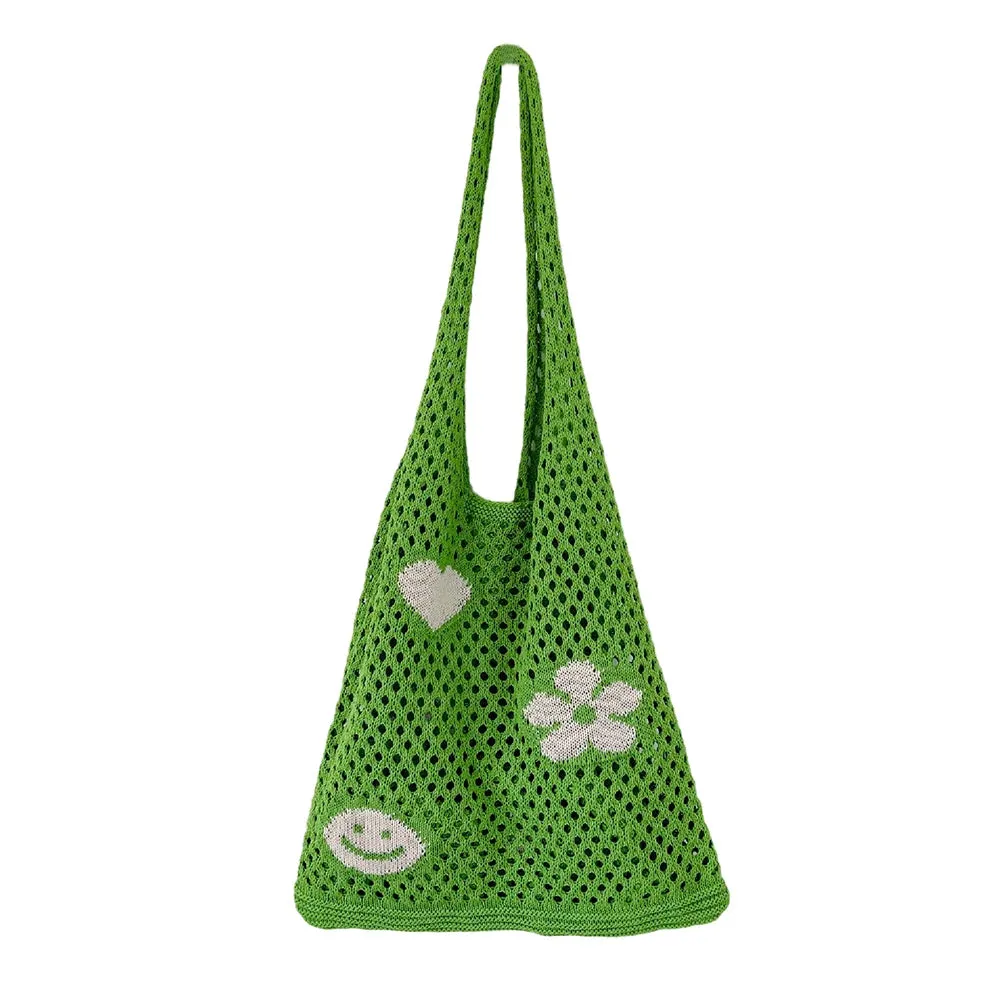 Sohiwoo Fashion Knitted Large Capacity Shoulder Bag Ladies Casual Handmade Beach Mesh Hollow Flower Woven Tote Handbag Women Clutch