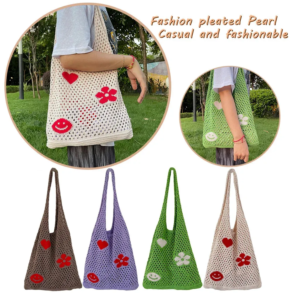 Sohiwoo Fashion Knitted Large Capacity Shoulder Bag Ladies Casual Handmade Beach Mesh Hollow Flower Woven Tote Handbag Women Clutch