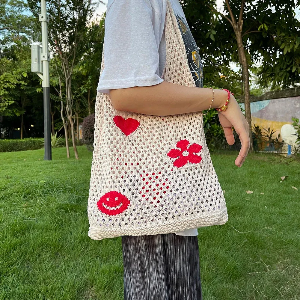 Sohiwoo Fashion Knitted Large Capacity Shoulder Bag Ladies Casual Handmade Beach Mesh Hollow Flower Woven Tote Handbag Women Clutch