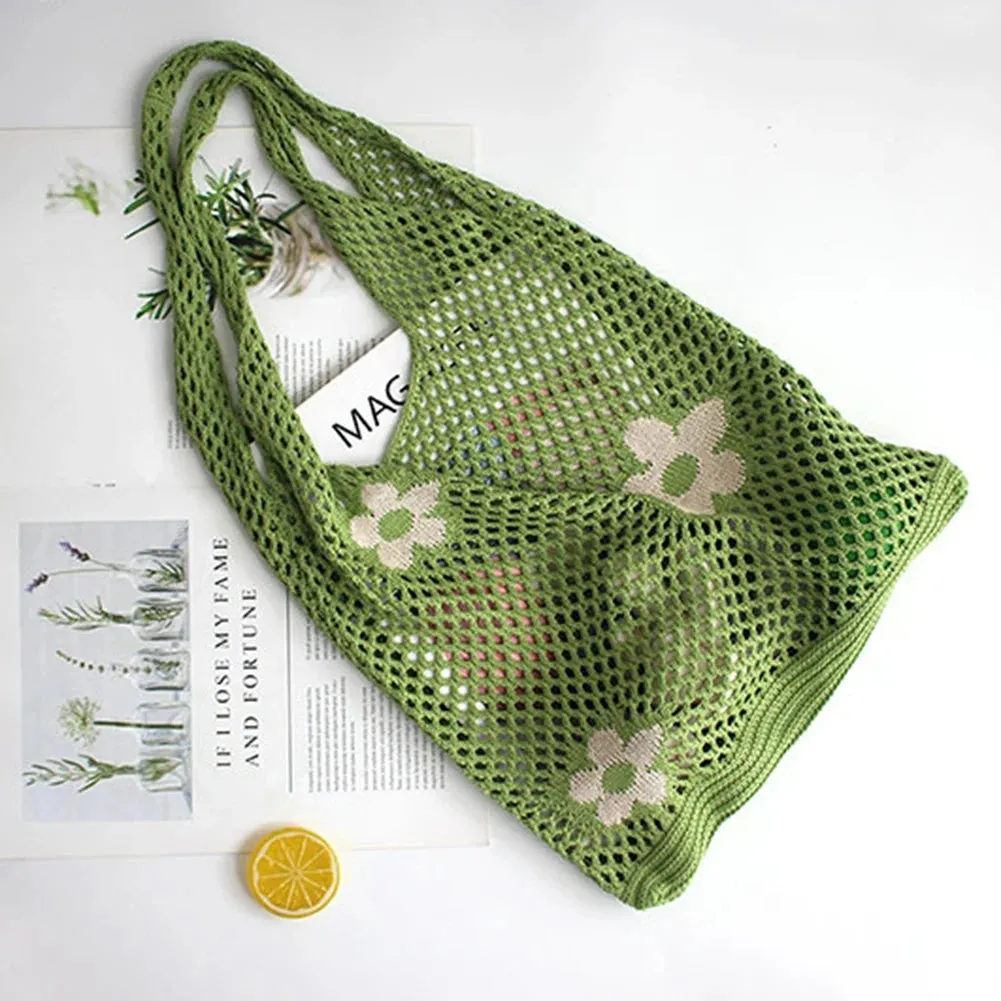 Sohiwoo Fashion Knitted Large Capacity Shoulder Bag Ladies Casual Handmade Beach Mesh Hollow Flower Woven Tote Handbag Women Clutch