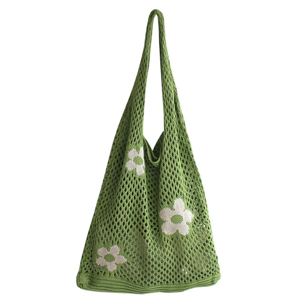 Sohiwoo Fashion Knitted Large Capacity Shoulder Bag Ladies Casual Handmade Beach Mesh Hollow Flower Woven Tote Handbag Women Clutch