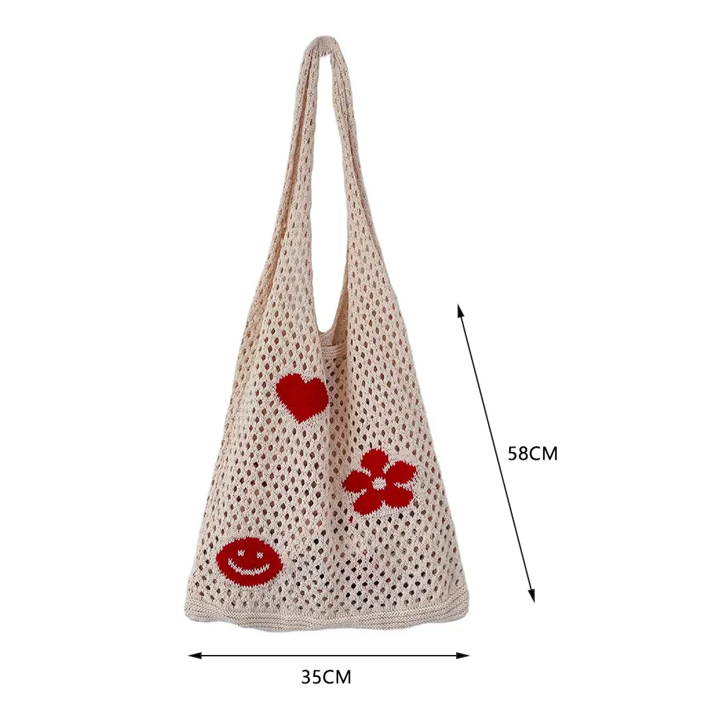 Sohiwoo Fashion Knitted Large Capacity Shoulder Bag Ladies Casual Handmade Beach Mesh Hollow Flower Woven Tote Handbag Women Clutch