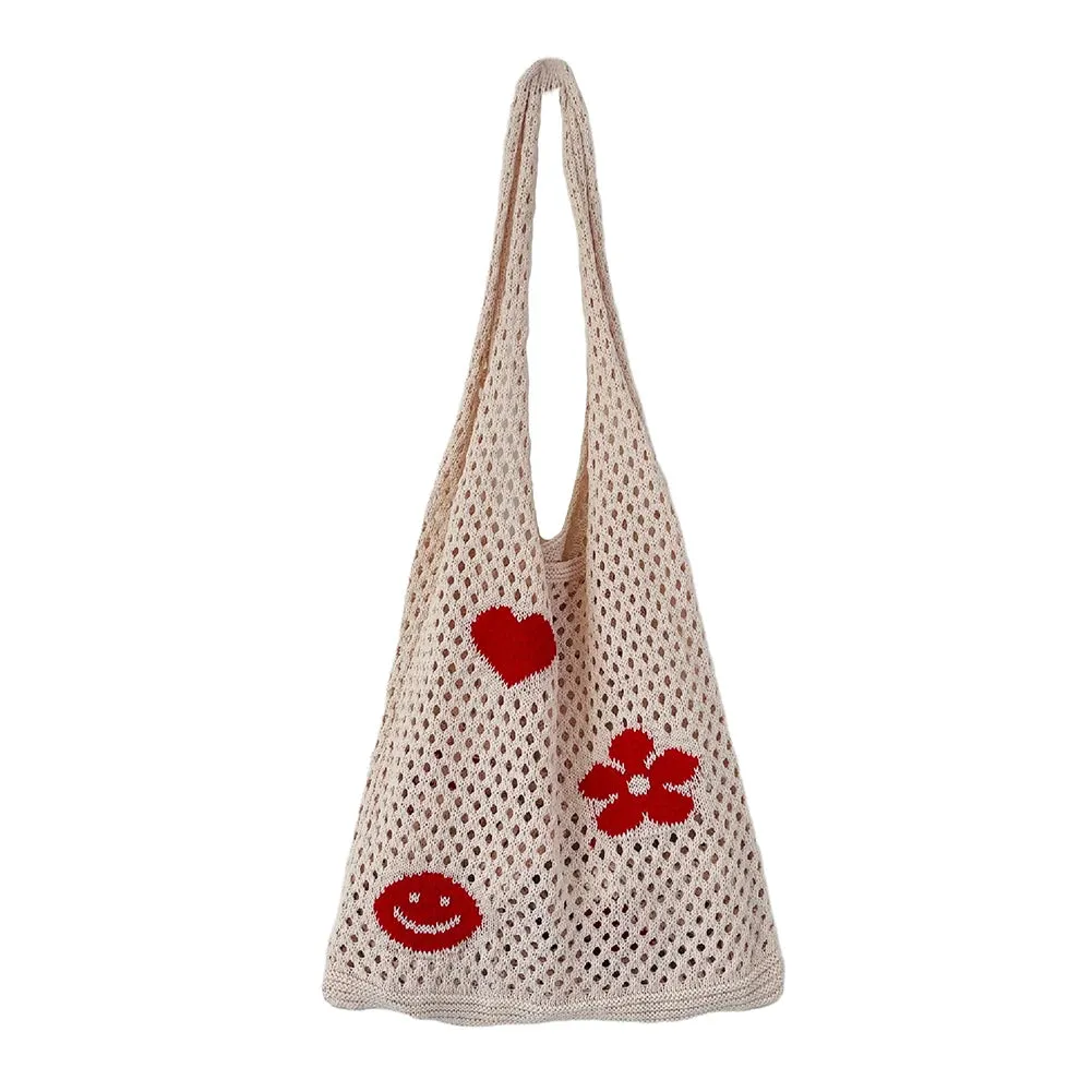 Sohiwoo Fashion Knitted Large Capacity Shoulder Bag Ladies Casual Handmade Beach Mesh Hollow Flower Woven Tote Handbag Women Clutch