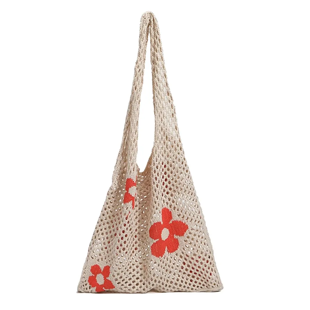 Sohiwoo Fashion Knitted Large Capacity Shoulder Bag Ladies Casual Handmade Beach Mesh Hollow Flower Woven Tote Handbag Women Clutch
